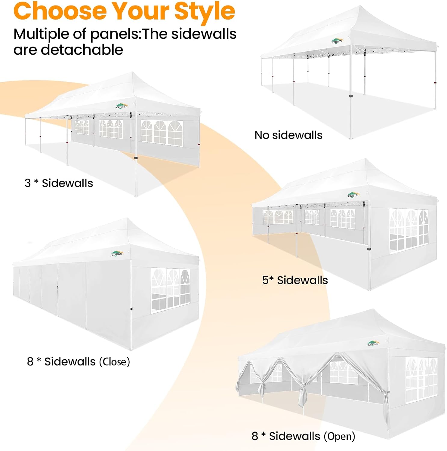 COBIZI 10x30 Pop up Canopy with 8 Removable Sidewalls & 4 Sandbags, Party Tent for Parties, Wedding, and Commercials, Waterproof and Instant Shelter UV50+ Ez Outdoor Canopy Tent with Roller Bag
