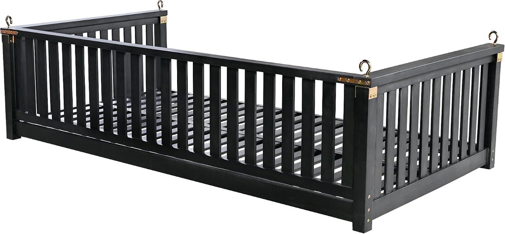 Minimalist 2-Person Acacia Wood Swing Bed, Patio Porch Swing with Ropes for Backyard Garden, Safe Sloped Design, Mattress, Cushions and Pillows not Included (Black/Acacia)