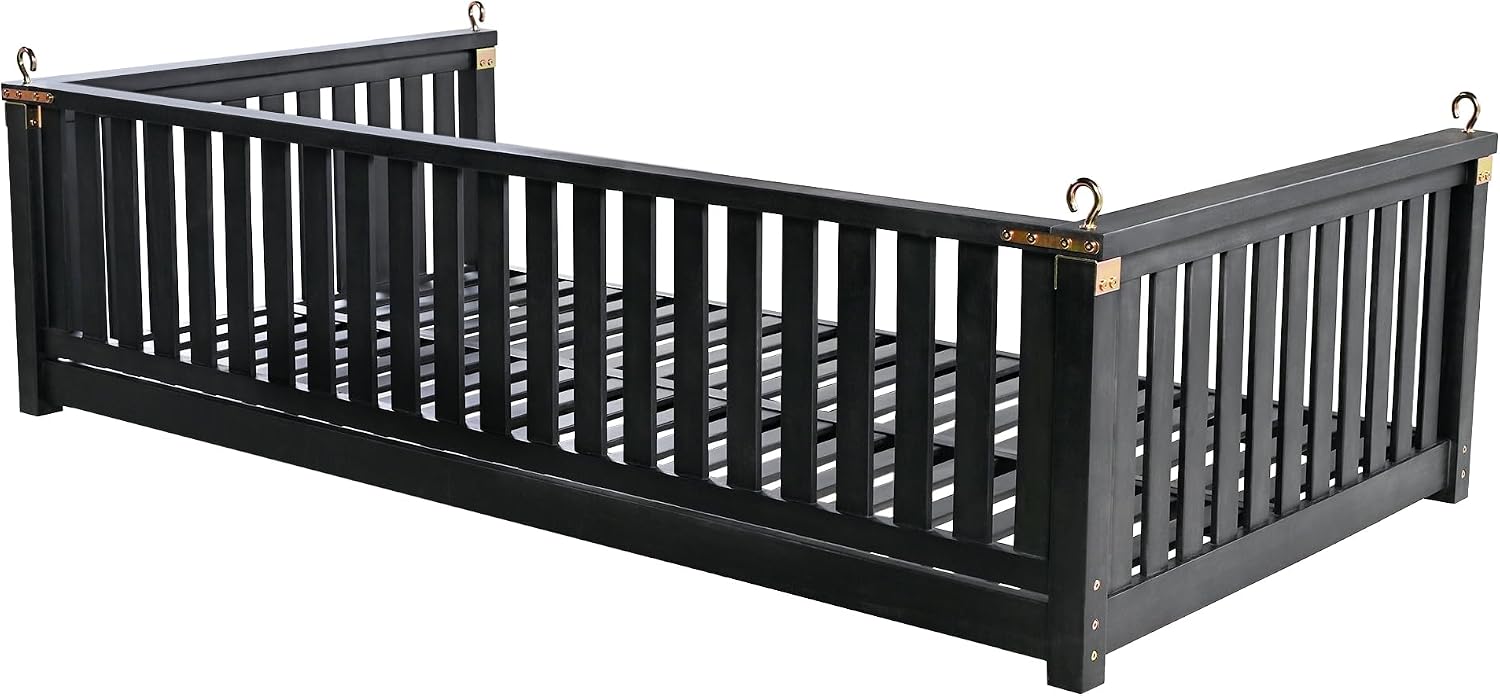 Minimalist 2-Person Acacia Wood Swing Bed, Patio Porch Swing with Ropes for Backyard Garden, Safe Sloped Design, Mattress, Cushions and Pillows not Included (Black/Acacia)