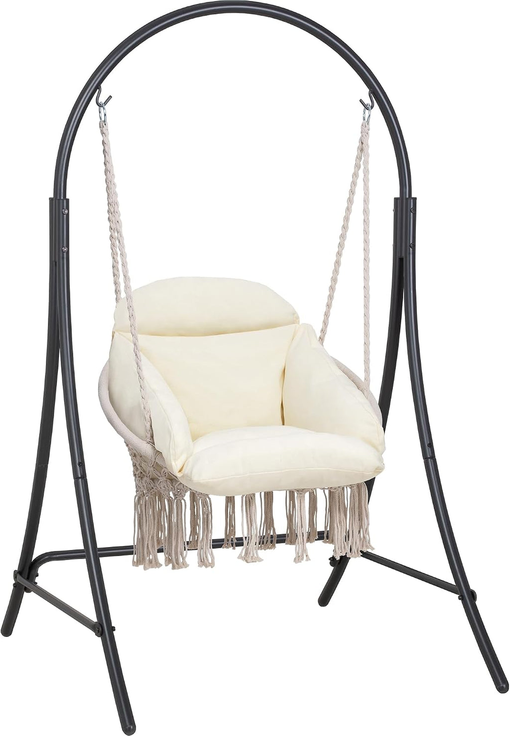 ANOW Macrame Hammock Chair with Stand, Heavy Duty Hanging Chair Stand with Swing Chair, Includes Luxury Padded Cushion, Max 400 Lbs, Natural