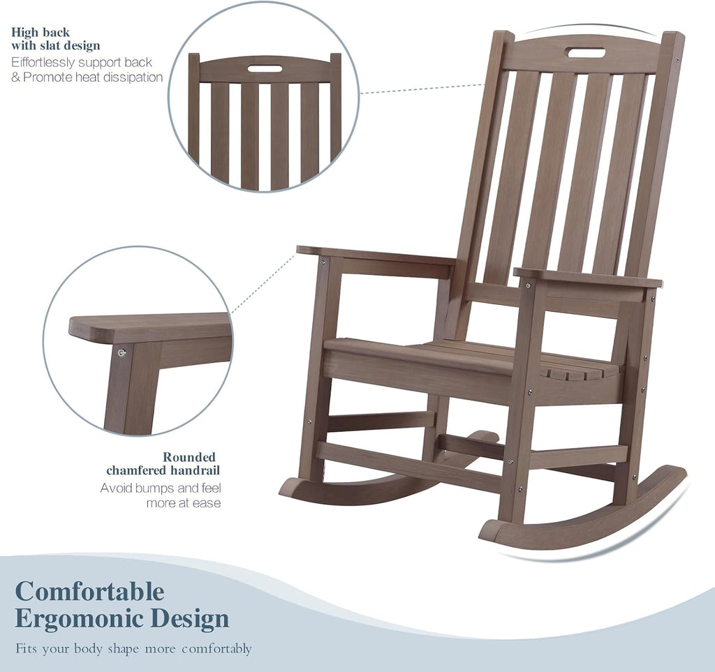 Psilvam Oversized Outdoor Rocking Chair Set of 2, Porch Rocker with 21' Wide Seat and 32' Tall Backrest, Pre-Assembled with Most Components for Effortless Installation (Brown)
