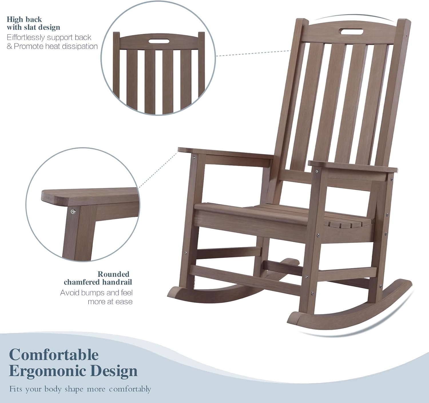 Psilvam Oversized Outdoor Rocking Chair Set of 2, Porch Rocker with 21' Wide Seat and 32' Tall Backrest, Pre-Assembled with Most Components for Effortless Installation (Brown)