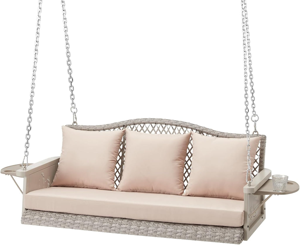 ZZW Upgraded Wicker Hanging Porch Swing Heavy Duty 900 LBS 3-Seat Outdoor Patio Swing Chair Bench for Adult w/ 8.9ft Hanging Chains Cushions and Cup Holder