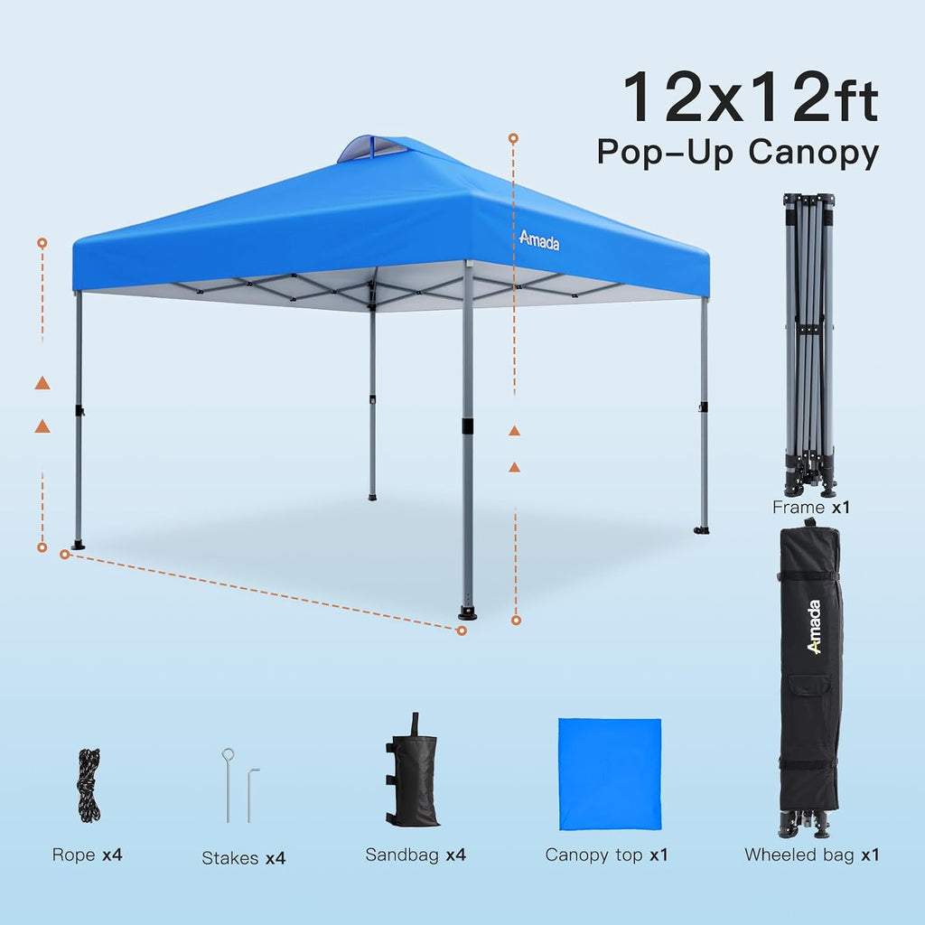 Amada 12x12 Pop Up Canopy - Center Lock One Push Instant Setup Wheeled Gazebo Outdoor Canopy Beach Tent with STO-N-Go Bag 8 Stakes & 4 Sand Bags, 3-Height Adjustable Shade Shelter (12x12ft, Blue)