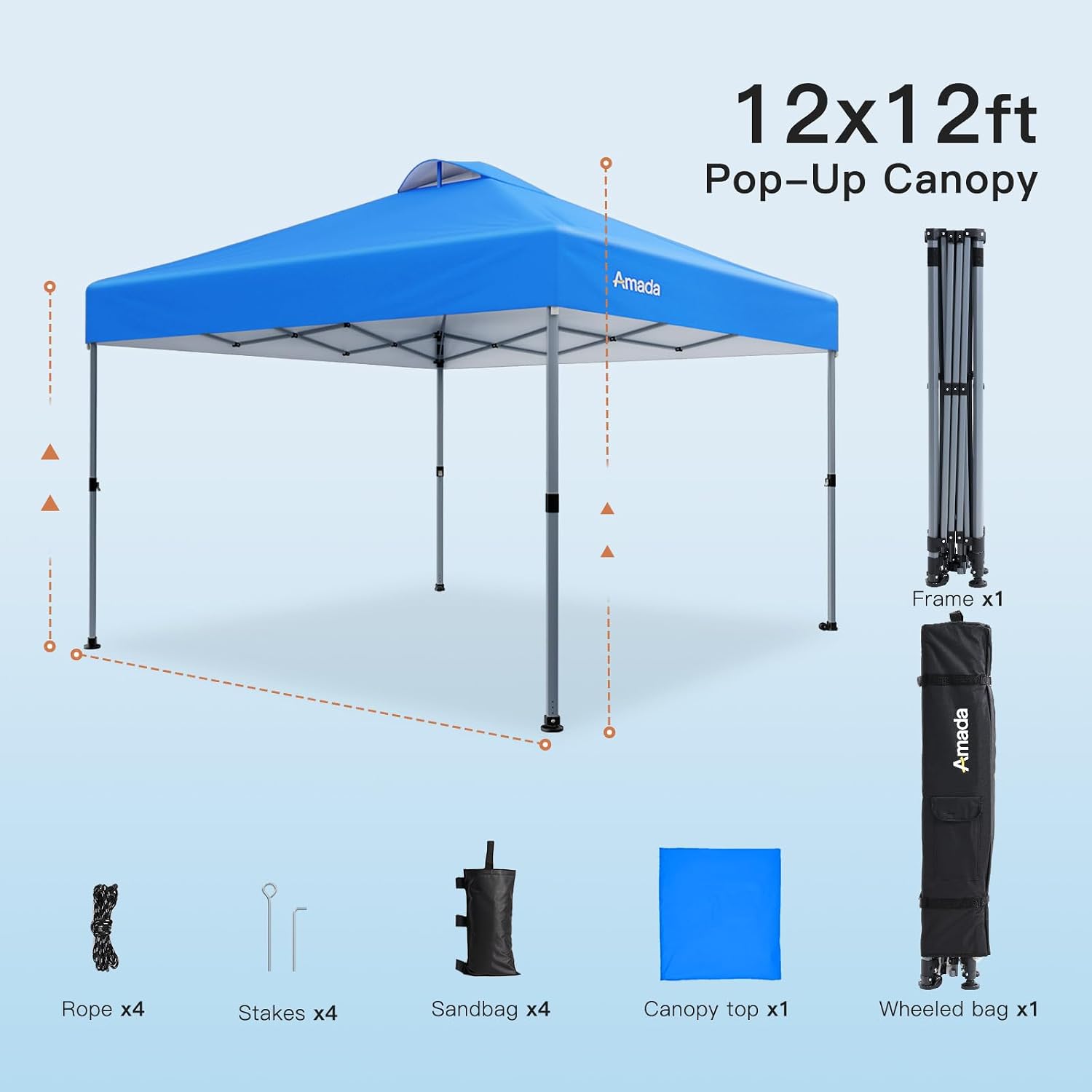 Amada 12x12 Pop Up Canopy - Center Lock One Push Instant Setup Wheeled Gazebo Outdoor Canopy Beach Tent with STO-N-Go Bag 8 Stakes & 4 Sand Bags, 3-Height Adjustable Shade Shelter (12x12ft, Blue)