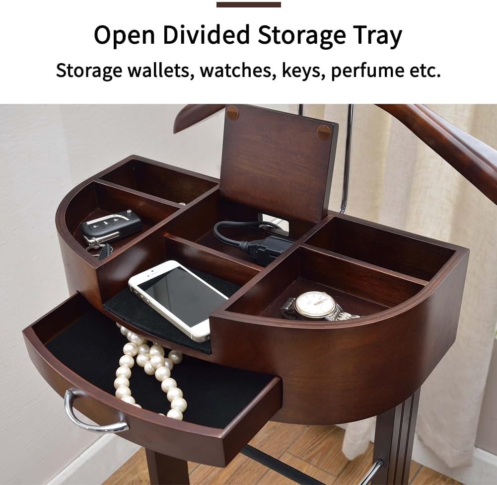 Wood Suit Valet Stand With Drawer Top Tray Freestanding Clothing Valet Stand Suit With Contour Hanger Trouser Bar Tie & Belt Hooks And Shoe Rack Clothes Rack Organizer Storage (Dark Brown B)