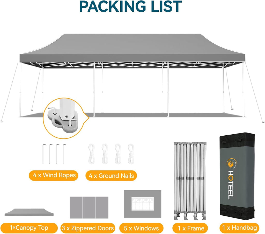Hoteel 10x30 Pop Up Canopy Tent Heavy Duty with 8 Sidewalls, Waterproof Party Tent, Easy Set-up Commercial Instant Tents with Hand Bag, Rope & Nail, Hexagonal Leg (1-Year Warranty)