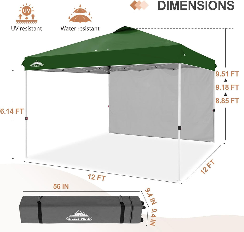 EAGLE PEAK Commercial Canopy 12x12 Pop Up Canopy Tent with 1 Sidewall, Easy Setup Heavy Duty Instant Event Shelter for Vendors & Markets, Outdoor Sun Shade, Green