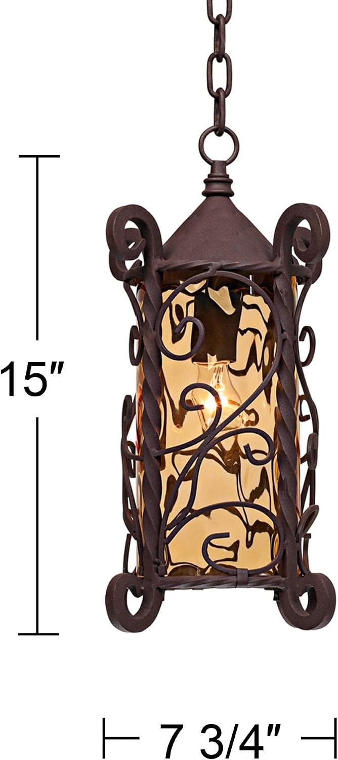 John Timberland Casa Seville Rustic Outdoor Hanging Ceiling Light Dark Walnut Scroll 15' Champagne Water Glass Damp Rated for Exterior House Porch Patio Outside Deck Garage Front Door Home Gazebo