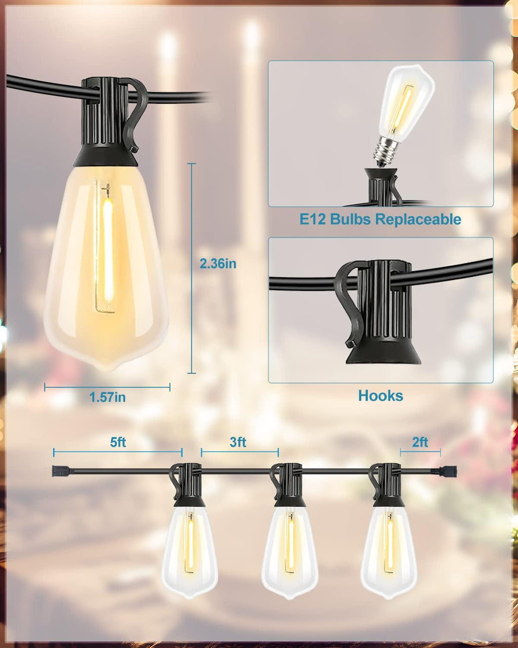 Lightdot LED Outdoor String Lights 400FT Patio Lights with 128 Shatterproof ST38 Vintage Edison Bulbs, Outside Hanging Light Waterproof for Porch, Deck, Garden, Backyard, Balcony, Dimmable- ETL Listed