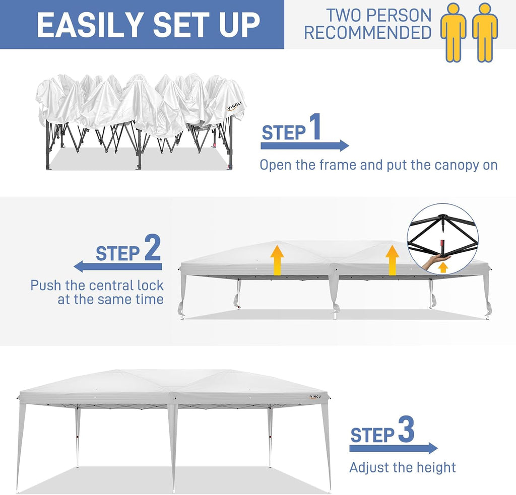 VINGLI 10'x20' Pop Up Canopy Tent Portable Instant Gazebo Party Tent with Carry Bag Outdoor Canopy for Outdoor Events, Party, Wedding (White)