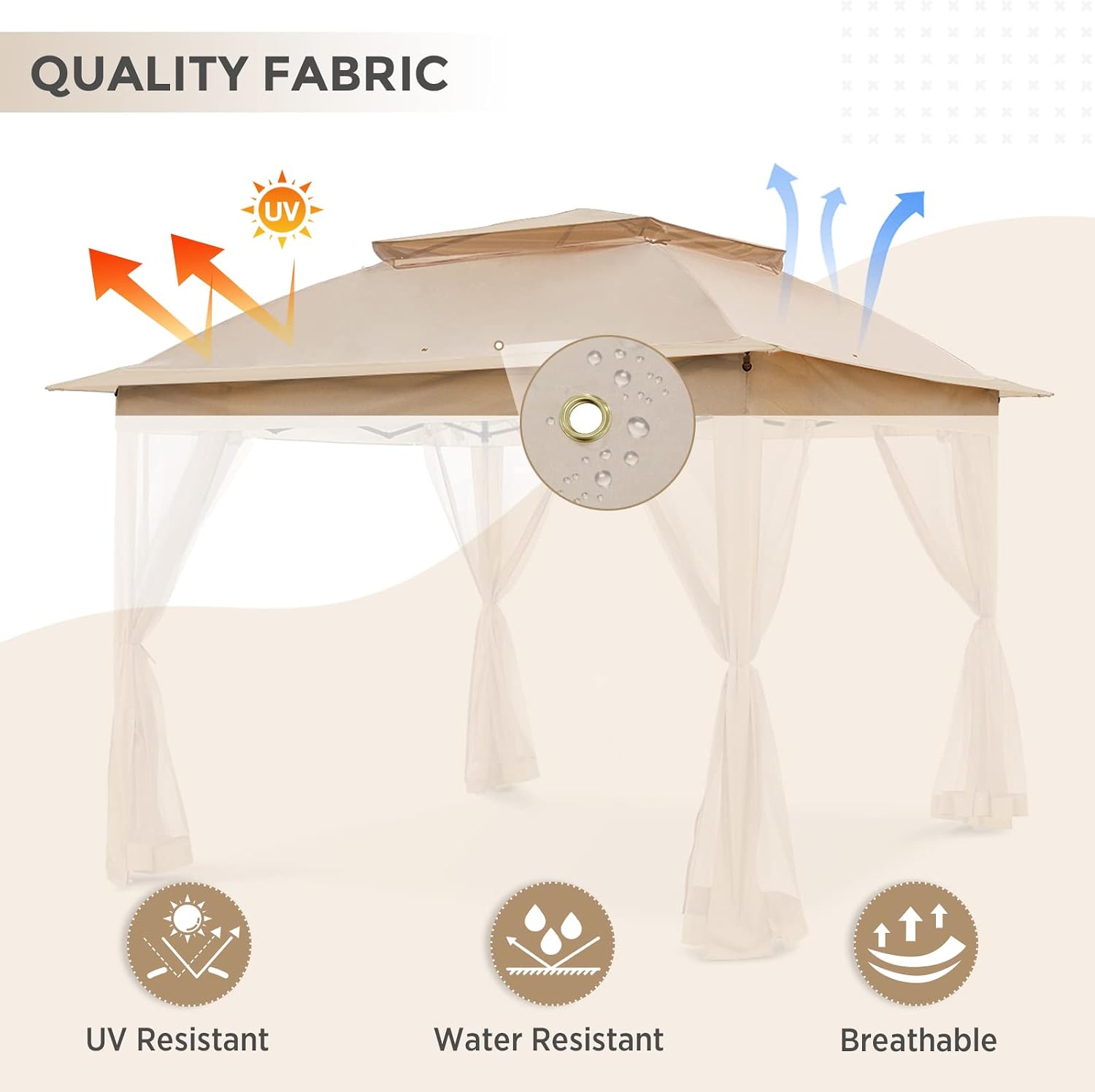 COOS BAY 11x11 Replacement Gazebo Top with Air Vent Sunshade Polyester Top Cover Only, Khaki