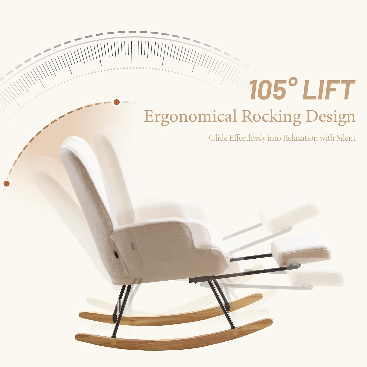 Furniliving Nursery Rocking Chair Modern Armchair Upholstered Glider Rocking Chair Accent Chair with Retractable Footrest Reading Chair with High Backrest Solid Wood Base for Bedroom, White, Teddy