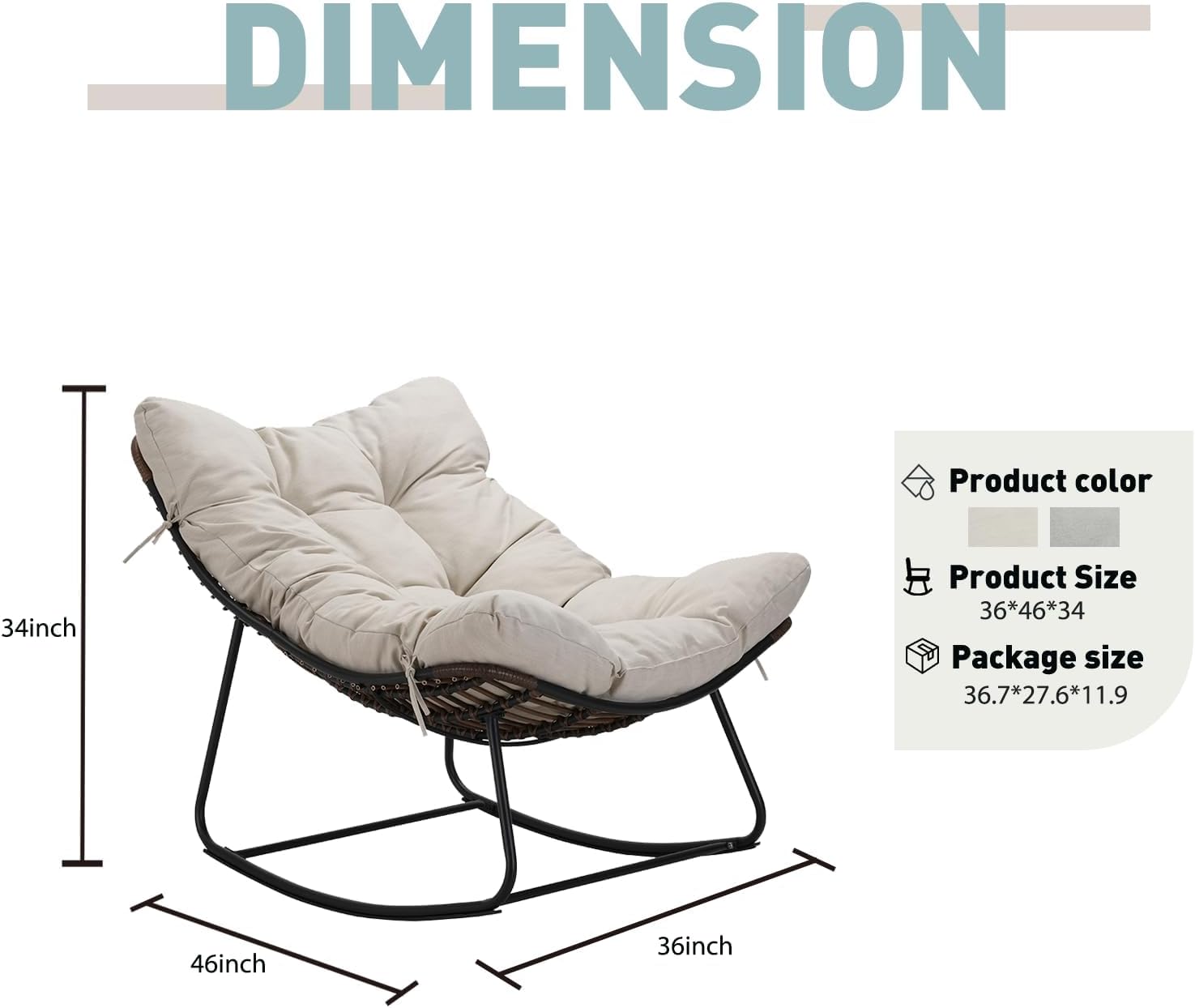 Outdoor Papasan Rocking Chair Oversized - Rocking Chair with Soft Cushion, 30° Rocker Egg Chair for Patio, Front Porch, Backyard, Living Room, Beige