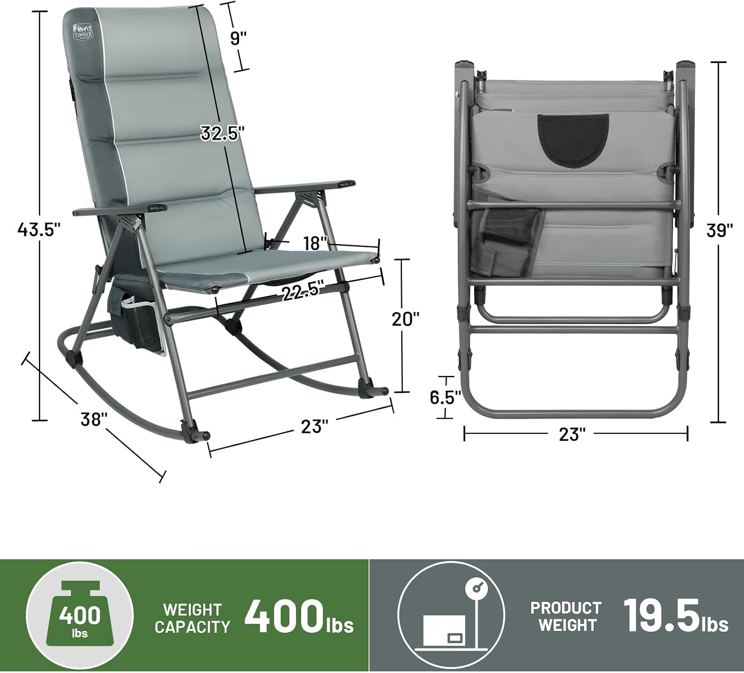 Timber Ridge Oversized Folding Rocking Camping Chair, Padded Outdoor Rocker with High Back, Portable Outdoor Chair for Patio, Garden, Lawn, Supports up to 400 lbs, Gray