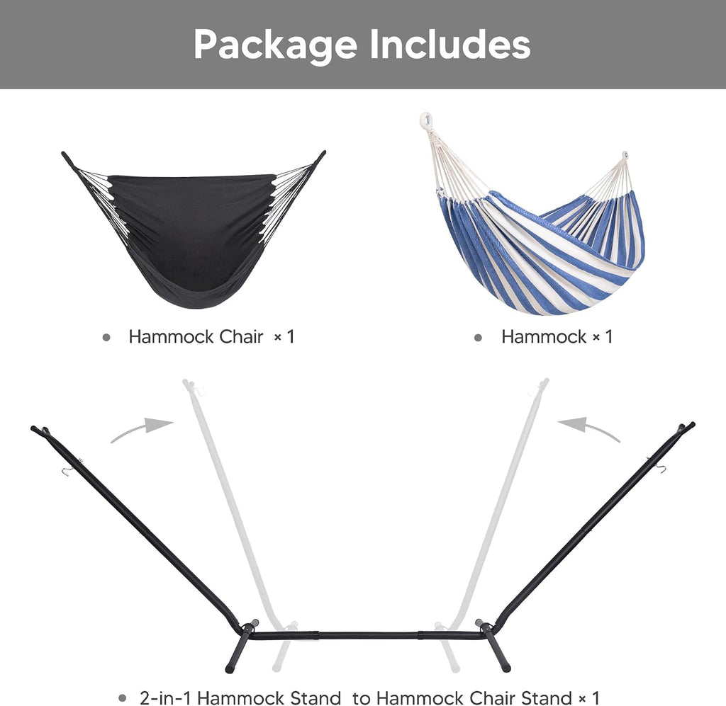 SUNCREAT 2-in-1 Convertible Free Standing Hammock with Stand Included, Camping Backyard Hammock with Stand, Patented, Blue & White Stripe