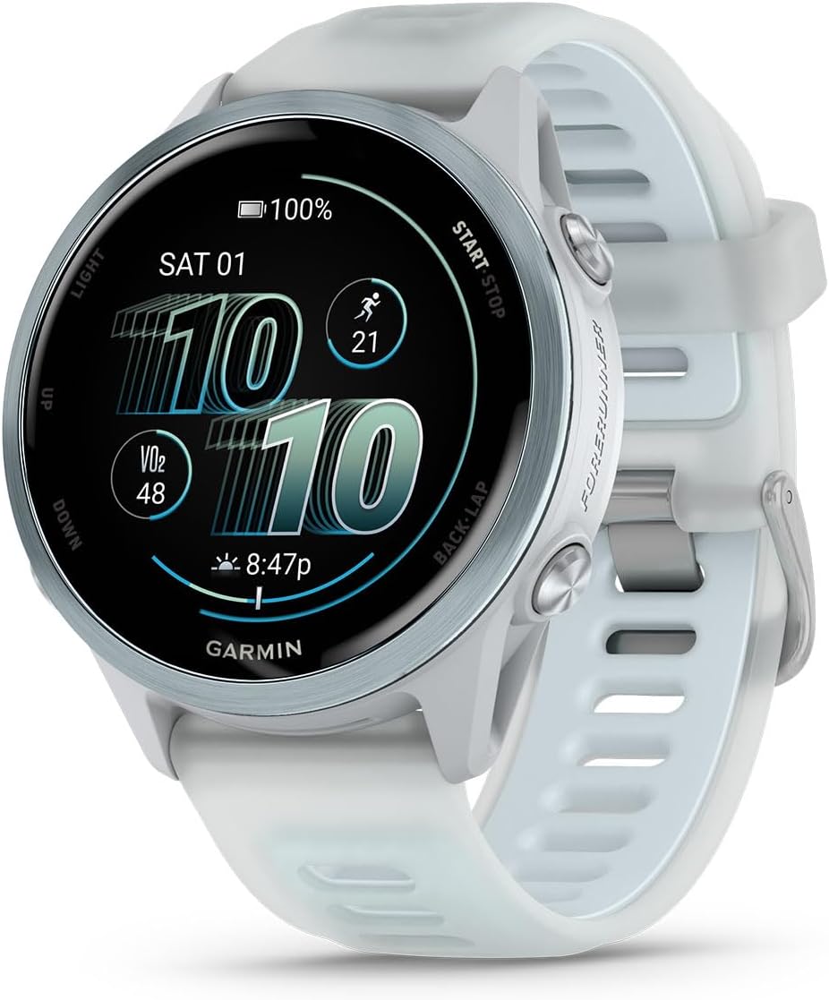 Garmin Forerunner 570 (42 mm, Cloud Blue/Translucent Whitestone) Running GPS Smartwatch - AMOLED Display, Training - Gift Box Bundle with PlayBetter HD Screen Protectors, Wall Adapter & Case