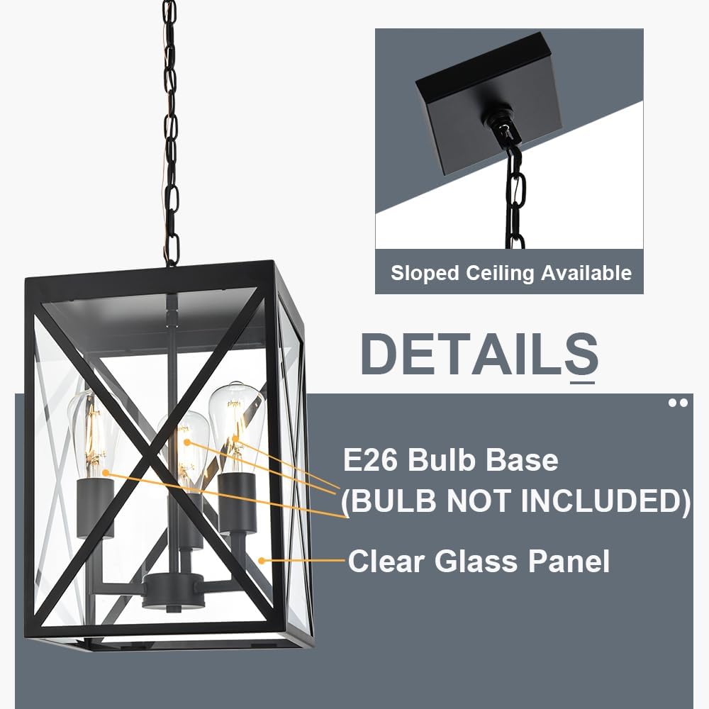 TODOLUZ Large Outdoor Porch Light Adjustable Chain, 3-Lights Modern Outdoor Pendant Lighting in Matte Black Finish, Outside Ceiling Mount Lamp for House Front Door Porch Patio Entryway