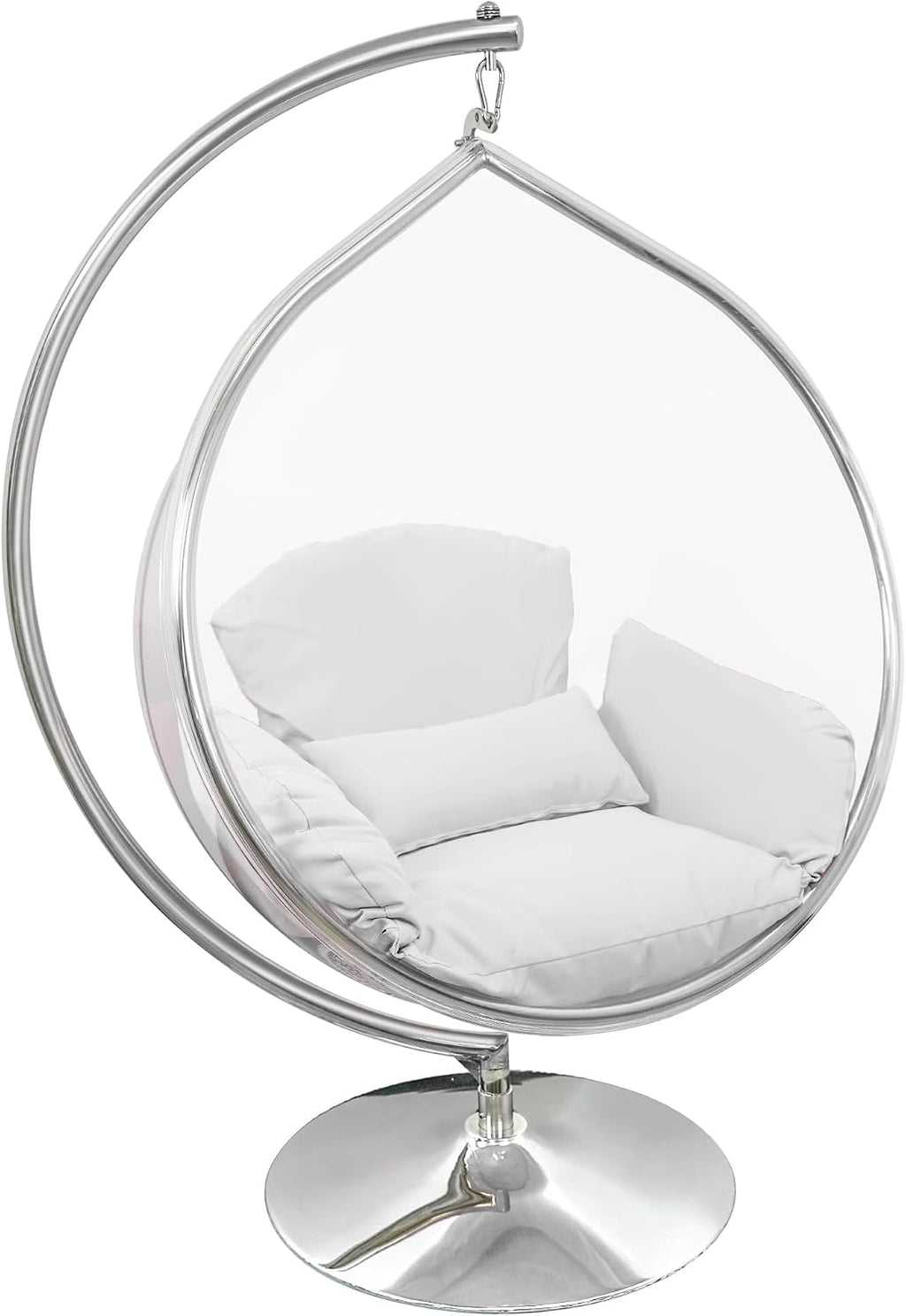 Hanging Chair - Transparent Acrylic Bubble, Waterdrop Shape, Indoor Swing Chair with Gold/Chrome Stand, Durable Fabric Cushion - Luxury Accent for Living Room, Bedroom (Chrome/White)