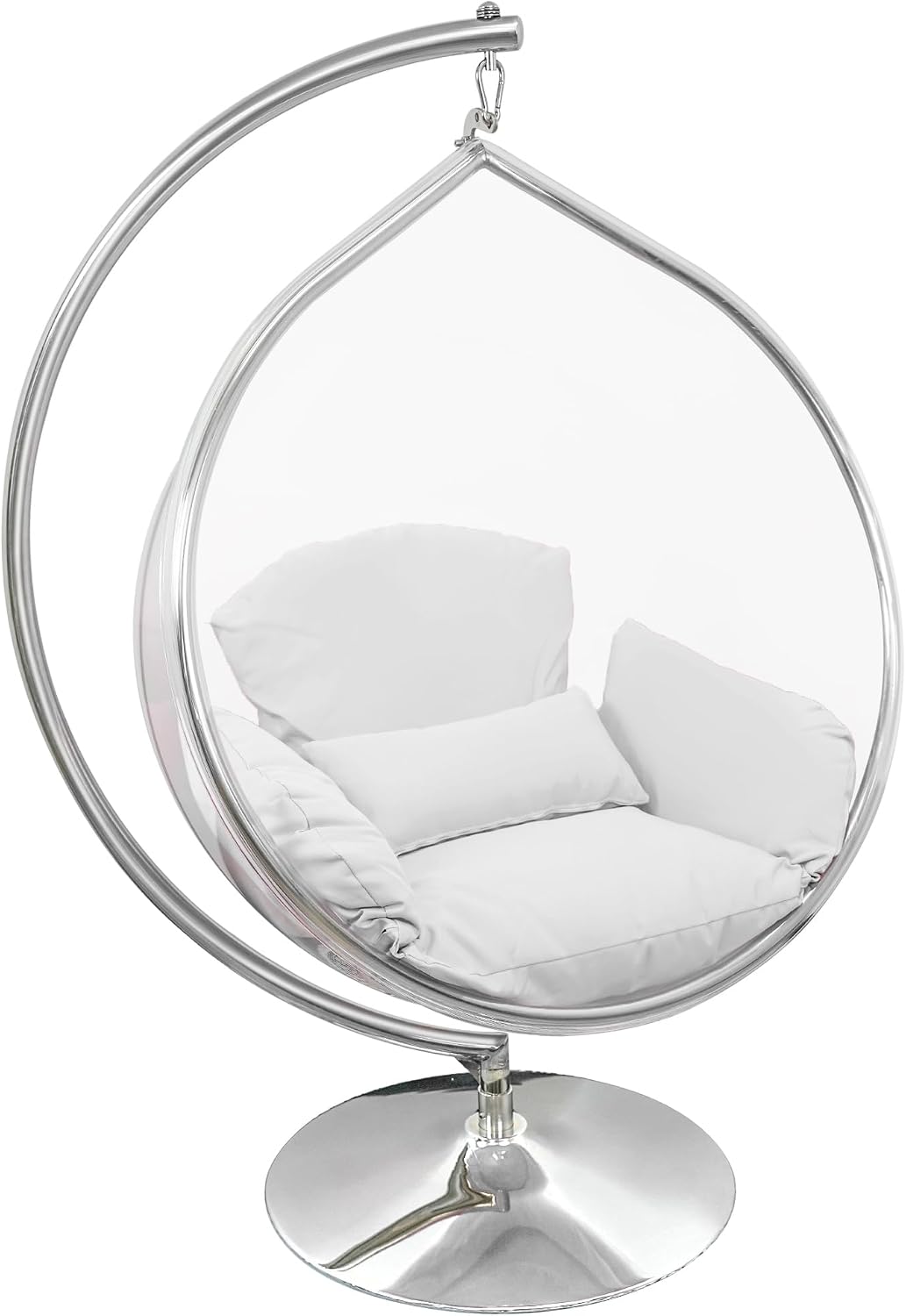 Hanging Chair - Transparent Acrylic Bubble, Waterdrop Shape, Indoor Swing Chair with Gold/Chrome Stand, Durable Fabric Cushion - Luxury Accent for Living Room, Bedroom (Chrome/White)