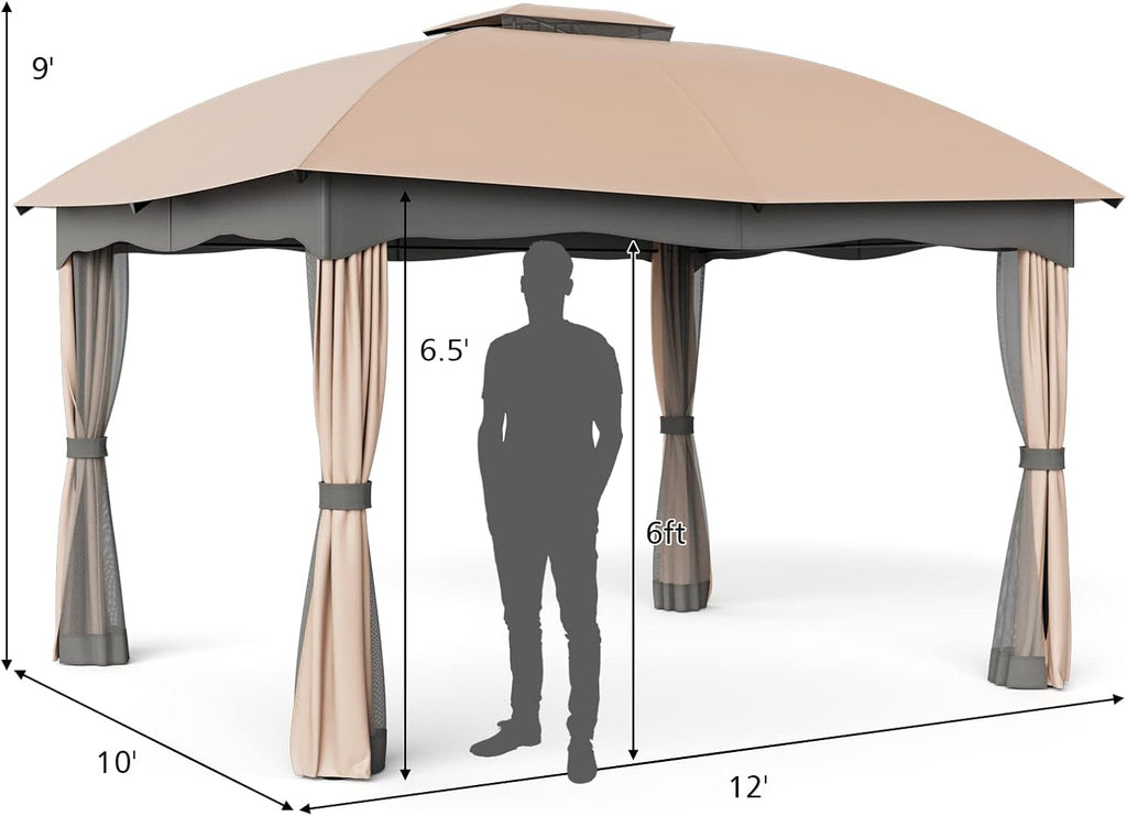 Tangkula 10x12 Ft Patio Gazebo, Double Vented Gazebo with Zippered Privacy Curtains, Mesh Screen Netting, Outdoor Steel Gazebo for Deck, Garden, Yard, Poolside (Brown)