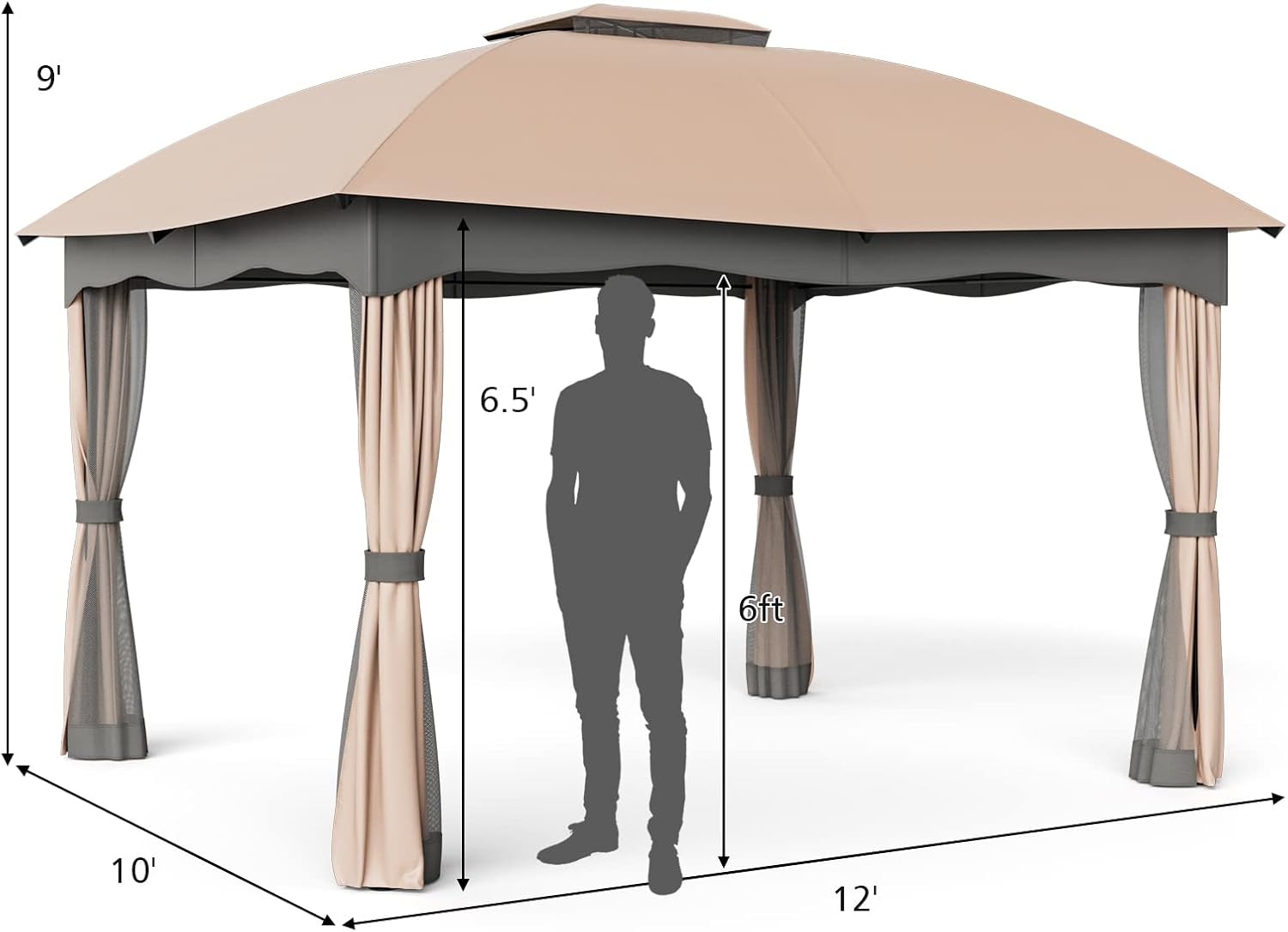 Tangkula 10x12 Ft Patio Gazebo, Double Vented Gazebo with Zippered Privacy Curtains, Mesh Screen Netting, Outdoor Steel Gazebo for Deck, Garden, Yard, Poolside (Brown)