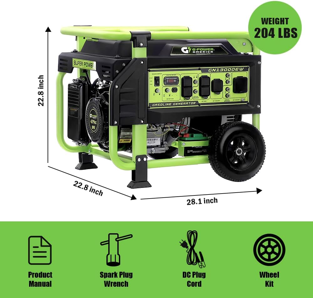 Green-Power America 13000W Portable Gas Generator, Electric/Recoil Easy Start, 12V 8.3A DC Charging Port, EPA Compliant, Heavy-Duty Power Supply for Home Blackout, RV Travel & Outdoor Construction