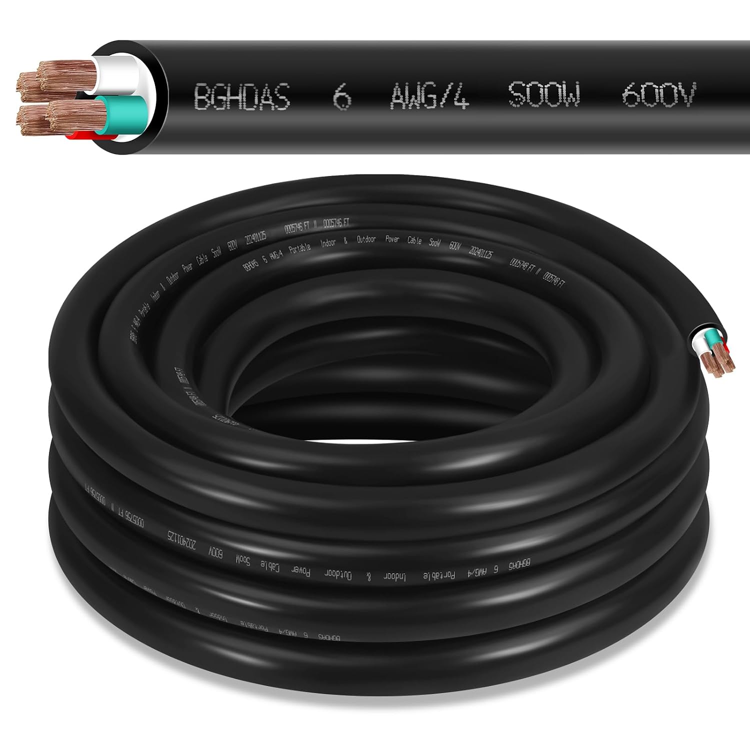 15ft 6/4 6 AWG Portable Power Cable (4 Conductor) - SOOW 600V 6 Gauge Electric Wire for Motor Leads, Generator, Portable Lights, Car Battery Chargers and Machinery - 15 Feet Electrical Cord