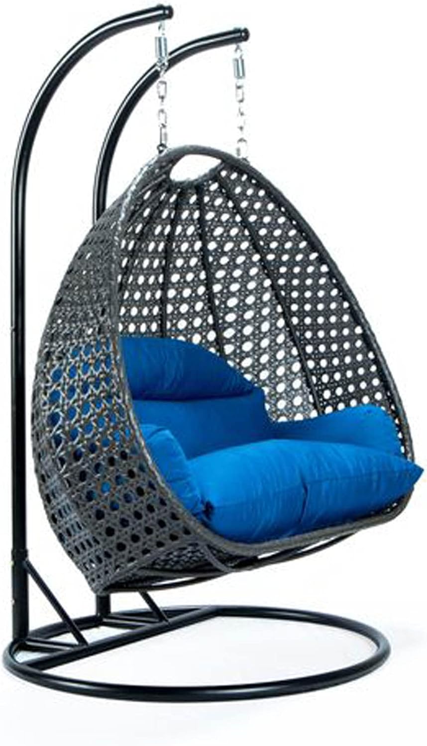 LeisureMod 2 Person Wicker Hanging Egg Chair with Stand & UV-Resistant Cushions for Indoor/Outdoor, Patio, Lounge, Hammock Seat, Blue