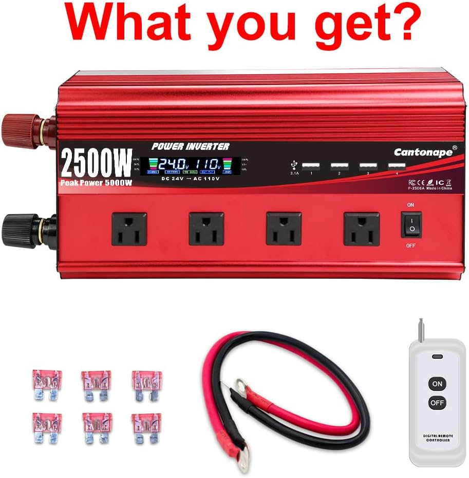 Cantonape 2500W Power Inverter 24V to 110V/120V DC to AC with LCD Display, Remote Controller 4 x AC Outlets and 4 x 3.1A USB Car Adapter for Car Truck Boat RV Solar System