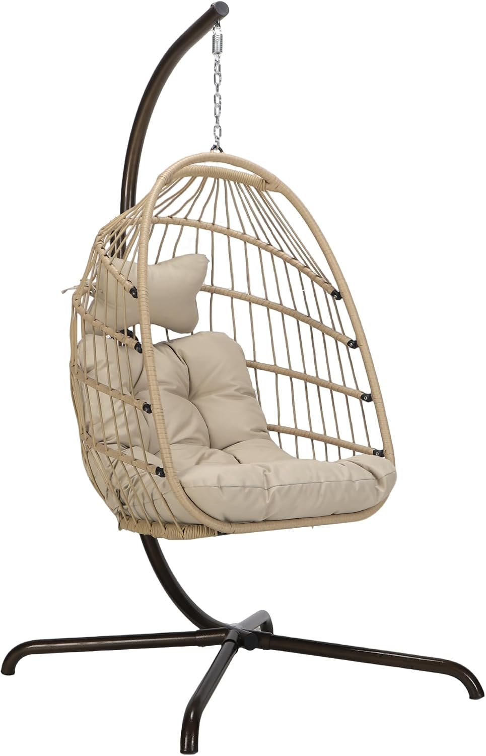 BULEXYARD Boho Swinging Egg Chair with Stand and Cover, 350 Lbs Capacity Foldable Wicker Rattan Hammock Chair with Cushion, Free-Standing Hanging Patio Chairs for Garden Balcony Bedroom Deck, Beige