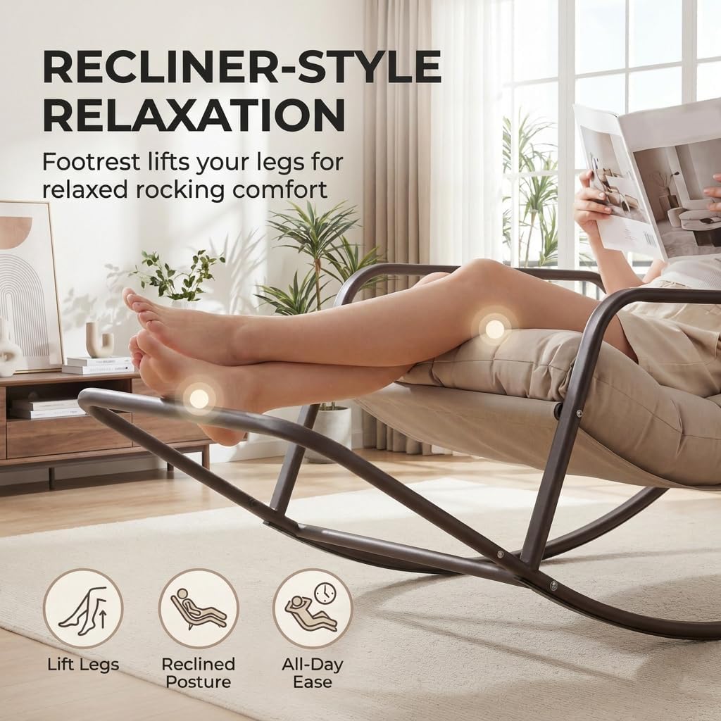 RADIATA Rocking Lounge Chair, Indoor Outdoor Reclining Lounger with Footrest & Cushion, 400lbs Weight Capacity, Comfortable Rocker for Relaxation, Reading and Napping (Beige)
