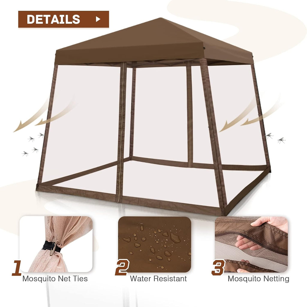 10x10 Pop Up Canopy Tent, Slant Leg Instant Screened Gazebo with Mesh Walls, UV Protection, Water Resistant, Brown