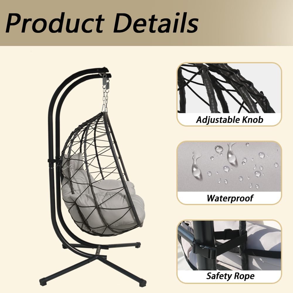 Double Egg Chair with Stand Patio Love Seats Chair w/Cushion Outdoor Waterproof Hanging Swing Wicker Rattan Basket (Gray)