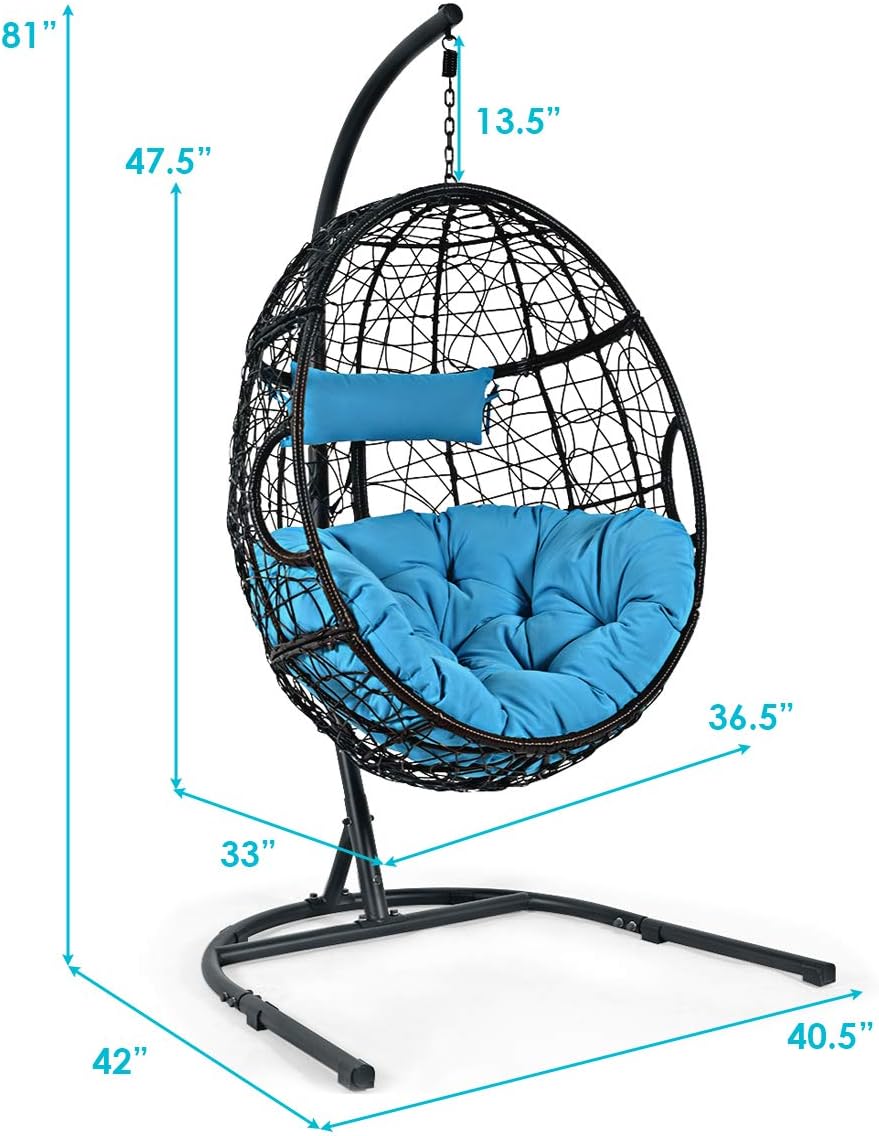 Giantex Hanging Egg Chair, 36.5-Width Oversized Swing Chair with C-Hammock Stand Set, Hammock Chair with Soft Seat Cushion & Pillow, Multifunctional Hanging Chairs for Outdoor Indoor Bedroom (Blue)