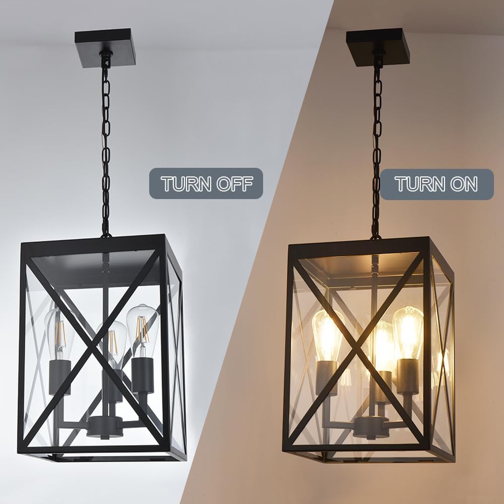 TODOLUZ Large Outdoor Porch Light Adjustable Chain, 3-Lights Modern Outdoor Pendant Lighting in Matte Black Finish, Outside Ceiling Mount Lamp for House Front Door Porch Patio Entryway