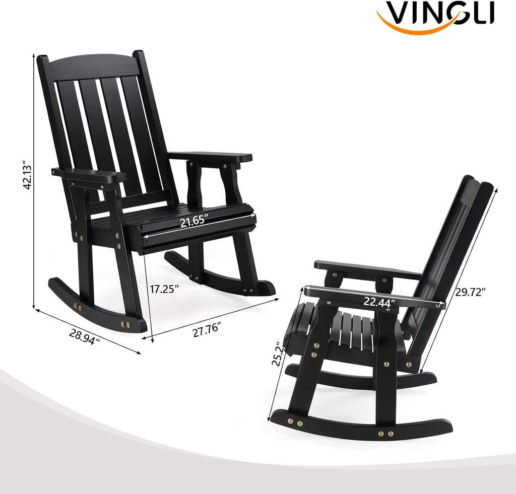 VINGLI Outdoor Rocking Chair, Heavy Duty 600 LBS Wooden Rocking Bench with Comfortable Backrest, Weatherproof Patio Rocker with Ergonomic Design, Wood Rocking Chair for Patio, Garden (Black, 2 PCS)