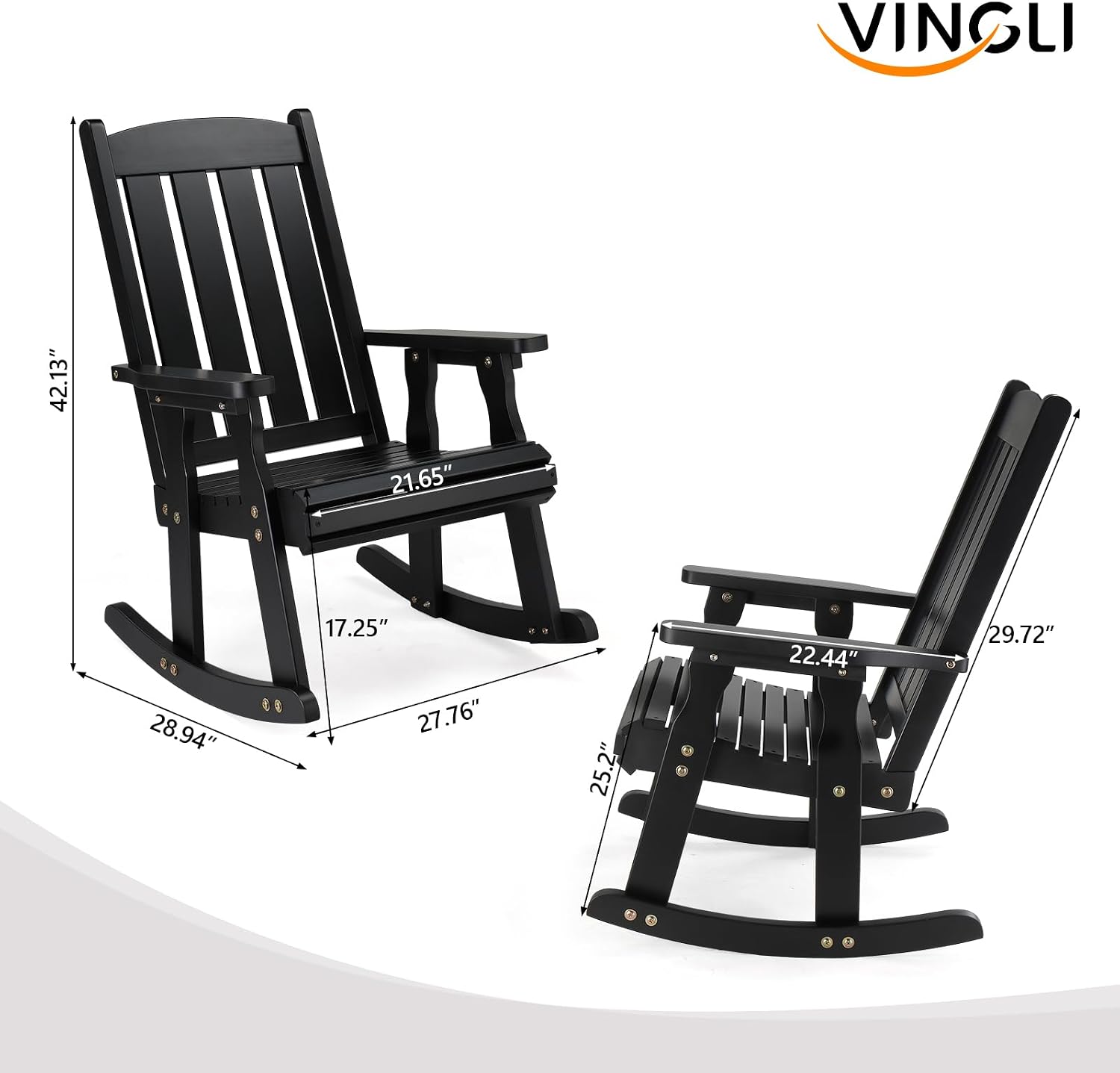 VINGLI Outdoor Rocking Chair, Heavy Duty 600 LBS Wooden Rocking Bench with Comfortable Backrest, Weatherproof Patio Rocker with Ergonomic Design, Wood Rocking Chair for Patio, Garden (Black, 2 PCS)
