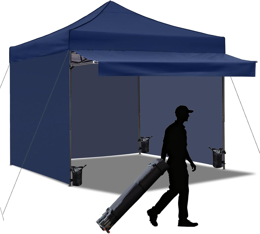 10x10 Pop up Canopy Tent with Awning Easy up Canopy with Wheel Bag Heavy Duty Waterproof Canopy Commercial Gazebo Tent for Outdoors Parties Vendors(Navy Blue)