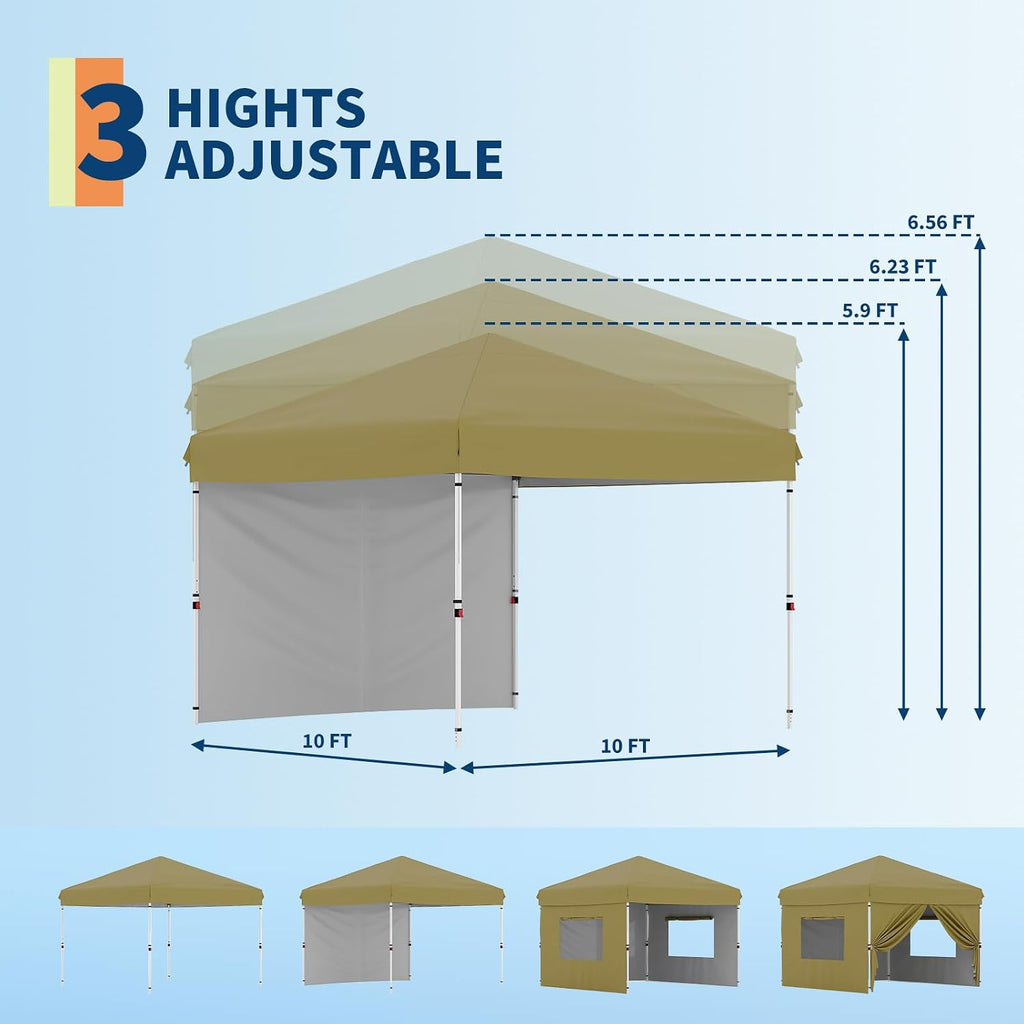 10x10FT Instant Pop Up Canopy Tent with 1 Side Wall, Heavy Duty Canopy Set, Waterproof and UV Protected Tailgate Tent for Outdoor Events (Khaki)