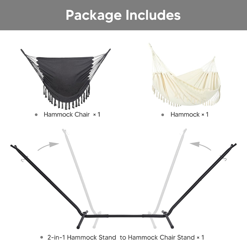 SUNCREAT 2-in-1 Convertible Portable Double Hammock with Stand Included, Outdoor Hammock and Stand, Patented, Natural Tassel