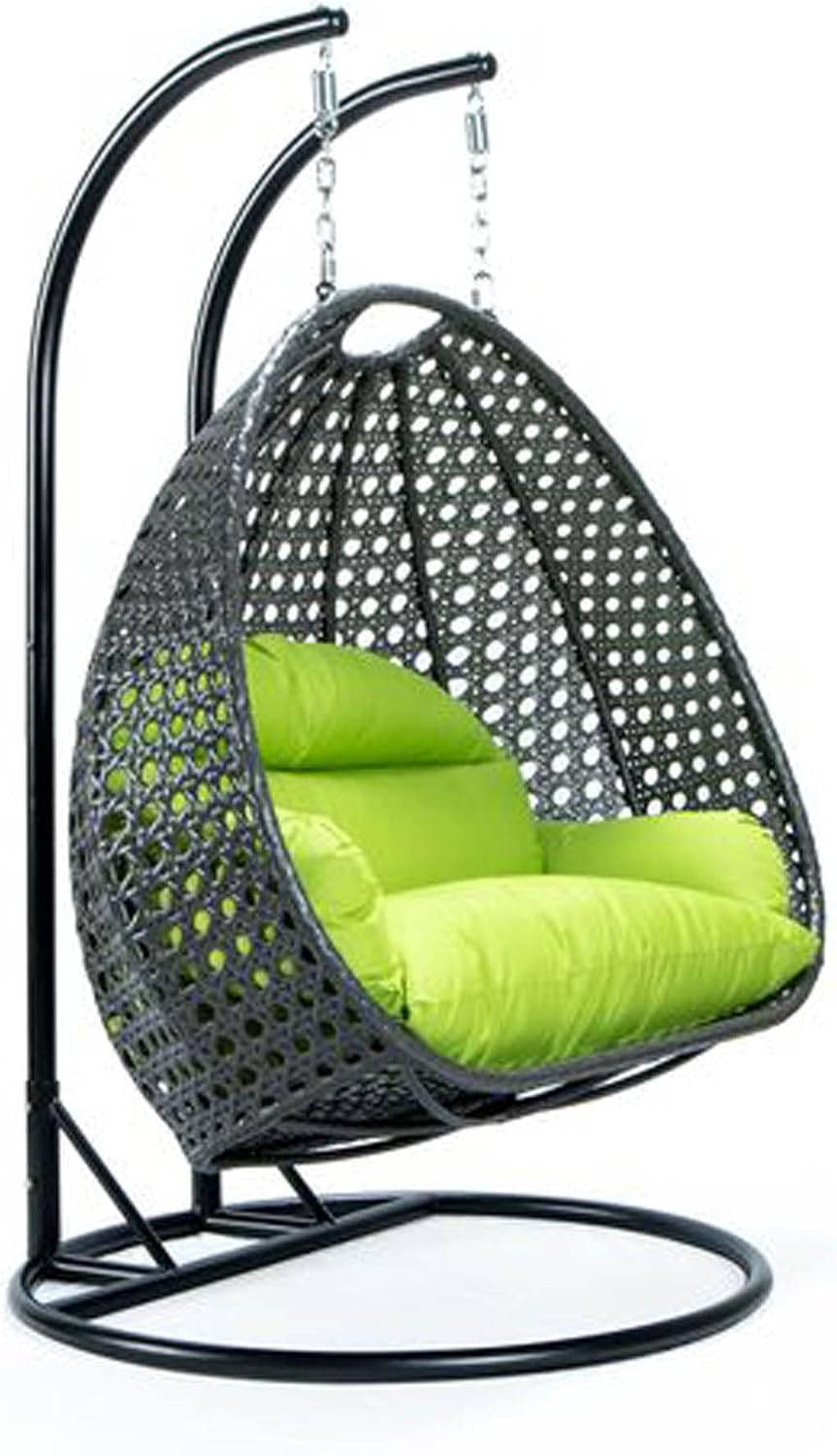 LeisureMod 2 Person Wicker Hanging Egg Chair, Indoor Outdoor Patio Swing with Black Stand & UV-Resistant Cushions, Lounge Chair for Bedroom & Garden, Light Green