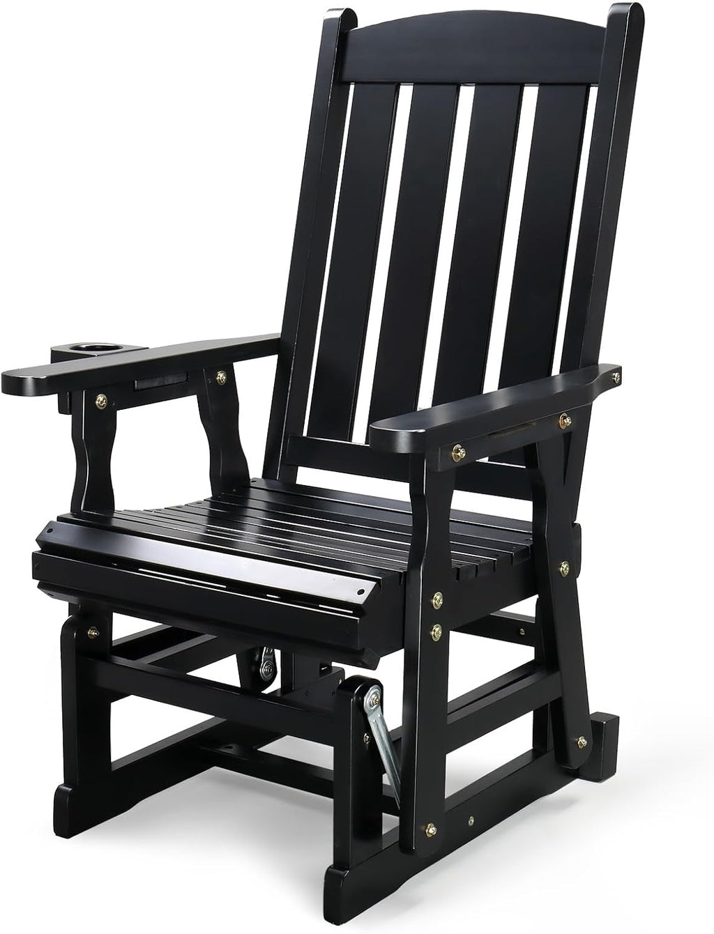 VINGLI Outdoor Glider Chair Wood Patio Glider with Cup Holder, Porch Glider with Smooth Rocking Mechanism, Heavy Duty 600 LBS, Black