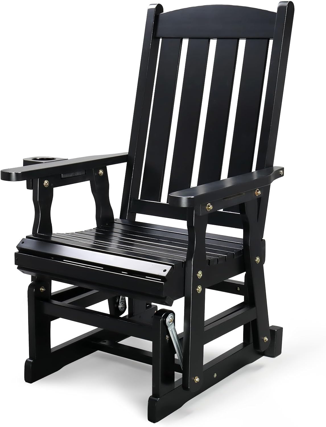 VINGLI Outdoor Glider Chair Wood Patio Glider with Cup Holder, Porch Glider with Smooth Rocking Mechanism, Heavy Duty 600 LBS, Black