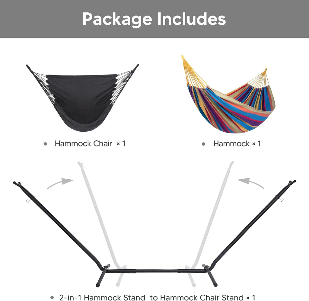 SUNCREAT 2-in-1 Convertible Backyard Fabric Hammock with Stand, Large Hammocks for Outside, Patented, Purple Stripe