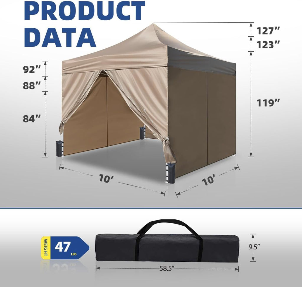 10x10ft Commercial Pop Up Canopy Tent with Removable Sidewalls, Waterproof Adjustable Height Outdoor Gazebo Sun Shelter, Heavy Duty UPF 50+ Party Tent for Camping & Events - Beige