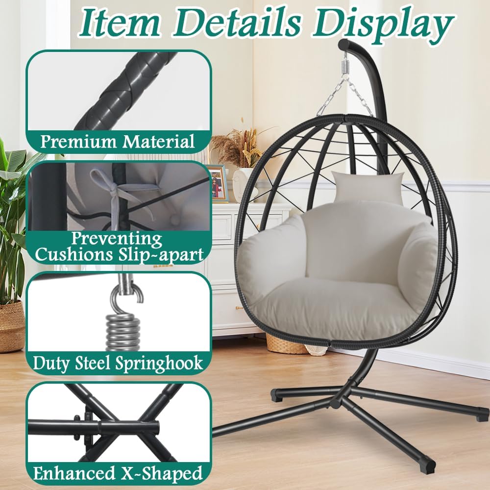 Egg Chair with Stand Hanging Swing Outdoor Indoor Rattan Wicker with UV Resistant Cushions and Pillow Gift for Kid Mom for Bedroom Patio Balcony Nest Chair