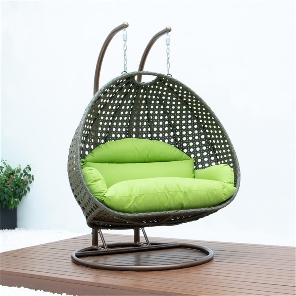 LeisureMod 2 Person Wicker Egg Chair Outdoor Indoor Bedroom Patio Hanging Lounge Swing Hammock Chairs with Beige Stand and UV Resistant Cushions (Light Green)