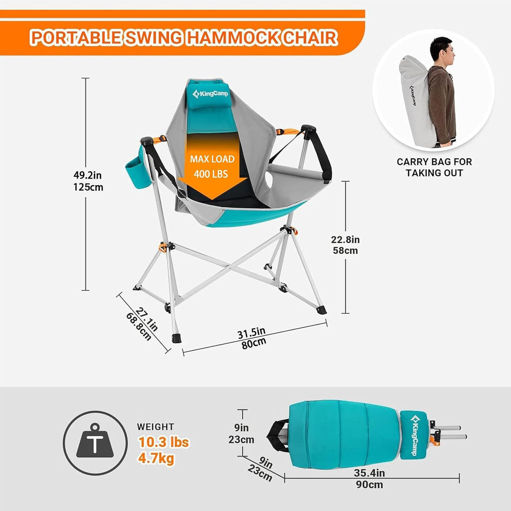 KingCamp Hammock Camping Chair, Swinging Portable Camp Chairs for Adults, 400lbs Heavy Duty Oversized Folding Rocking Chair with Adjustable Recline, Aluminum Alloy Frame for Outdoor Patio Beach Sport