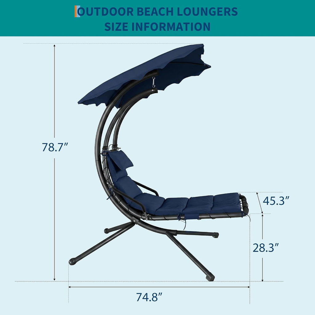 Hanging Chaise Lounge Swing Chair, Hanging Curved Chaise Lounge Chair Umbrella, Curved Steel Hammock Lounger Chairs for Outdoor Indoor Patio Pool Garden Backyard Porch